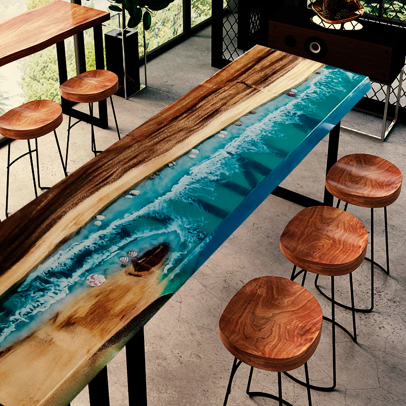 Epoxy coffee table with clear blue river like epoxy
