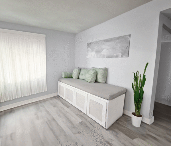 Bench with storage - White in corner of room